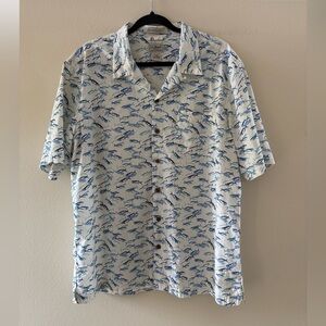 L.L. Bean Men’s White Short-Sleeve Button-Down Shirt with Blue Fish Print